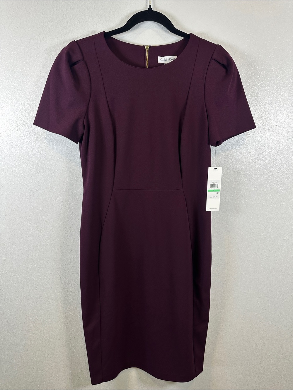 NWT Calvin Klein Burgundy Puff Sleeve Sheath Dress Size 8